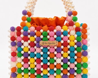 Handmade Acrylic and Pearl Beaded Handbag for Women, Top Handle Purse with Chain Strap for Wedding Guests, Brides and Evening Events