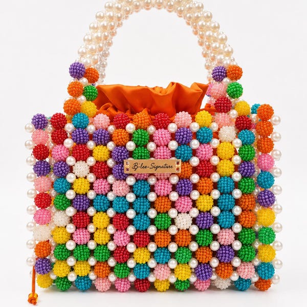 Handmade Pearl Beaded Handbag: Multicolor Top Handle Evening Bag