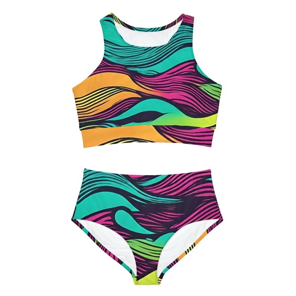 Neon Waves Bikini Set, Bright Multi-Color Swim Suit, Swim Team Suit, Sporty Bikini Set (AOP)