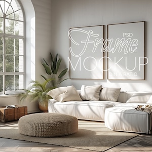 Two Vertical Wood Frame Mockup in Home Interior  | DIN A Wooden Frame Living Room Mockup | Poster Mockup for Print Art | PSD Frame Mockup