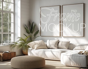 Two Vertical Wood Frame Mockup in Home Interior  | DIN A Wooden Frame Living Room Mockup | Poster Mockup for Print Art | PSD Frame Mockup
