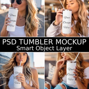 Mockup beker van 20 oz, psd-mockup voor 5 bekers, mockup vrouw met vasthoudendheid, slim object psd, mockup bekerhand, INSTANT DOWNLOAD