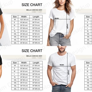 Bella Canvas 3001 Size Chart, Bella and Canvas 3001 Size Chart, Size Chart for Bella and Canvas 3001, Size Chart Mockup