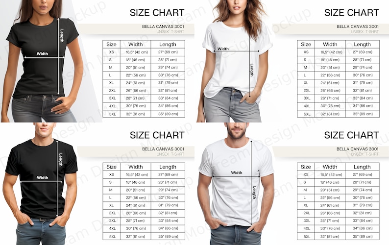 Bella Canvas 3001 Size Chart, Bella and Canvas 3001 Size Chart, Size Chart for Bella and Canvas 3001, Size Chart Mockup image 1