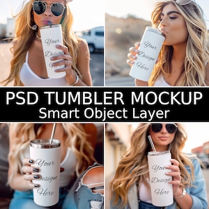 Mockup beker van 20 oz, psd-mockup voor 5 bekers, mockup vrouw met vasthoudendheid, slim object psd, mockup bekerhand, INSTANT DOWNLOAD