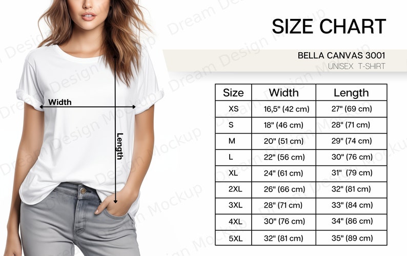 Bella Canvas 3001 Size Chart, Bella and Canvas 3001 Size Chart, Size Chart for Bella and Canvas 3001, Size Chart Mockup image 2