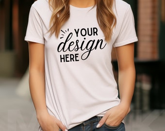 White Bella Canvas 3001 Mockup, Bella Canvas Mockup, White T-Shirt Mockup, Female Model Mockup, Lifestyle Woman 3001 T-shirt Mockup