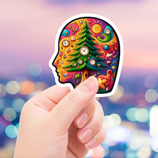 Mindful Tree Sticker | Whimsical Time & Nature Decal | Surreal Mind Art Vinyl | Colorful Tree of Life | Philosophical Brain Decor
