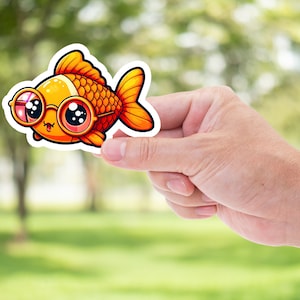 Quirky Cartoon Fish Sticker - Cute Goldfish with Glasses Decal - Whimsical Aquarium Vinyl Sticker - Fish Tank Decor - Nerdy Pet Illustration