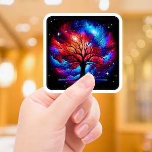 Vibrant Cosmic Tree Sticker - Holographic Starry Night Decal, Magical Tree of Life Vinyl Sticker for Planners, Laptops, Fantasy Decor