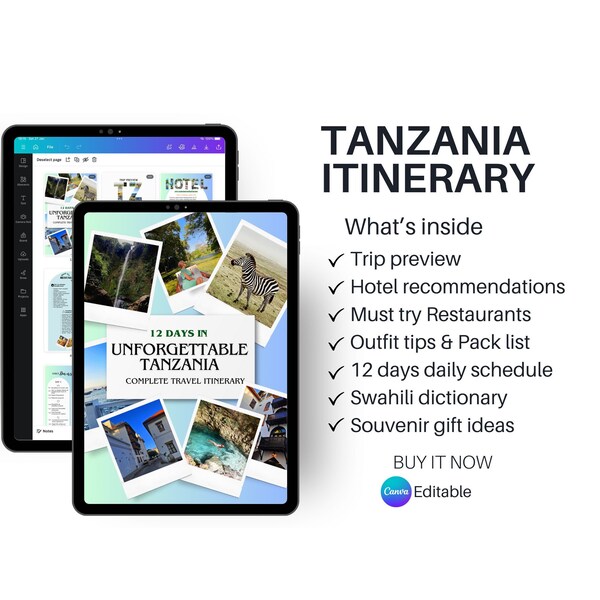 Tanzania Itinerary | Editable Travel Itinerary | 12 Days in Tanzania Itinerary | Travel Canva Template | Zanzibar | Africa Itinerary