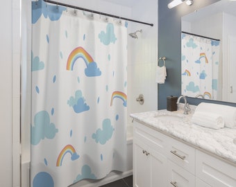 Wolken und Regenbögen Duschvorhang, hellblaue Wolken Badezimmer Dekor, Regenbogen Dekor, Badvorhang,