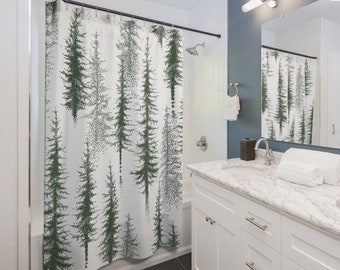 Duschvorhang mit Waldmotiven, grüne Kiefer, modernes Badezimmerdekor, luxuriöses Innendesign-Accessoire, grünes Wohndekor