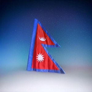 May include: A red triangular flag with a blue border. The flag features two white symbols: a crescent moon and a 12-pointed star.