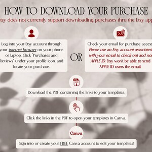 How to download your digital template purchase. 1. Log into Etsy account thru an INTERNET BROWSER on phone/laptop. Click “Purchases & Reviews” under profile icon, & locate purchase. 2. OR Check your email account for purchase confirmation & access to purchase. PLEASE DON'T CHECK OUT WITH APPLE ID. Etsy won't be able to send APPLE ID users the email. 3. Download PDF containing links to templates 4. Click links in PDF to open templates in Canva 5. Sign into or create a FREE Canva account to edit!