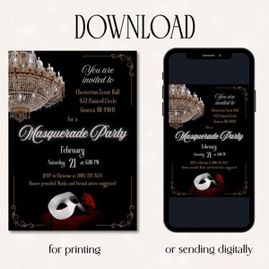 Phantom of the Opera Masquerade Party invitation in black with gold accents that could also be use for a birthday party. Features a chandelier, a white mask, and red rose. Text includes event details and the phrase "Masquerade Party." Edit in Canva then send as a printed invitation or a digital evite.