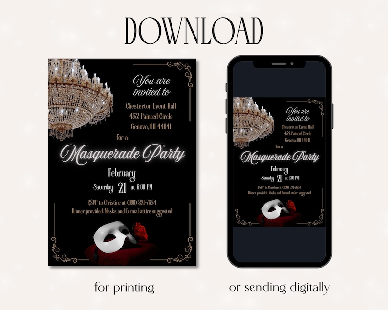 Phantom of the Opera Masquerade Party invitation in black with gold accents that could also be use for a birthday party. Features a chandelier, a white mask, and red rose. Text includes event details and the phrase "Masquerade Party." Edit in Canva then send as a printed invitation or a digital evite.