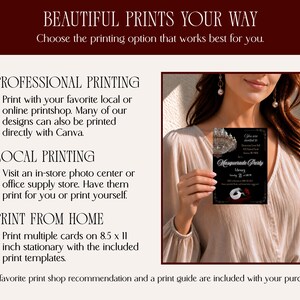 Beautiful Prints Your Way-Choose the printing option that works for you Professional Printing-Print with your favorite local or online printshop. Local Printing-Visit an in-store photo center or office supply store. Have them print for you or print yourself. Print from Home-Print multiple cards on 8.5x11 inch stationary (when applicable) with the included print templates. Our favorite printshop recommendation & a print guide included. An AI model in stylish attire holds an invitation in her hand
