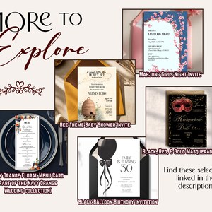 More to explore
Four invitations and a menu card are suggested: a blue and pink cherry blossom Mahjong invitation, a bee theme baby shower invitation, a navy and burnt orange floral menu card, a red and black masquerade ball invitation, & a black and white birthday invite with a balloon and bow. The 5 printables look classy & set an elevated tone for their individual occasions. The selections are linked in the description or can be found at GraciouslyAppointed.etsy.com