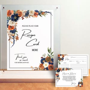 Recipe for the Bride to Be Bloemen Receptkaartsjabloon Blauw en oranje Receptverzoekkaart Deel een recept Insteekkaart voor uitnodiging voor een douche