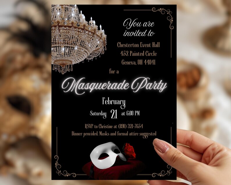 Black, white, and gold invitation card for a masquerade party. The card features a chandelier, a white mask, and a red rose. Text includes the party details: date, time, location, RSVP, and a dress code request. The invitation is held by a woman's hand.
Phantom of the Opera Digital Download Invitation for Opera Masquerade Invite Black Red Masquerade Valentine Party Idea for Black White Party