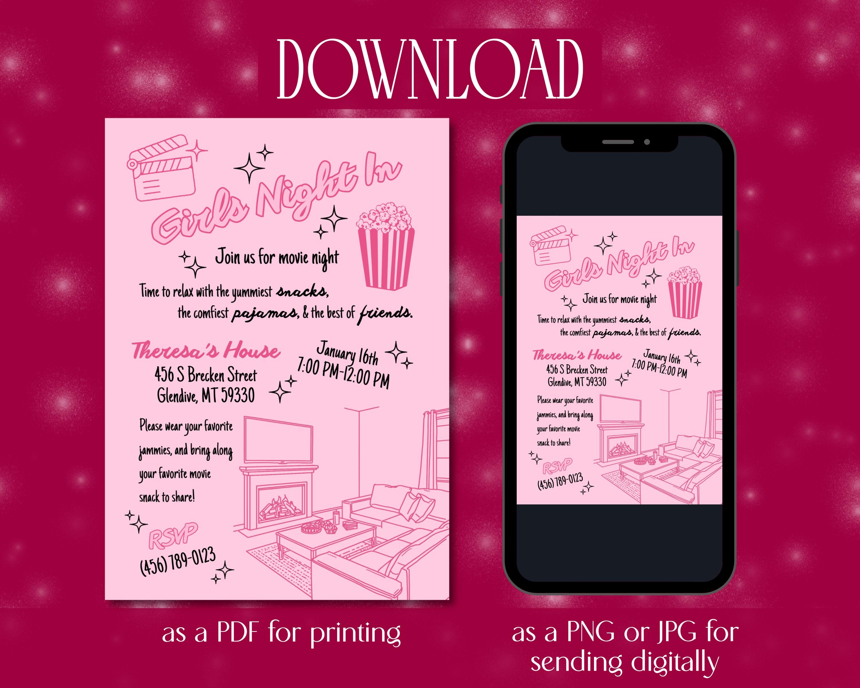 Pink Girls Night in Invitation Cozy Night Watch Party Invite Pink ...