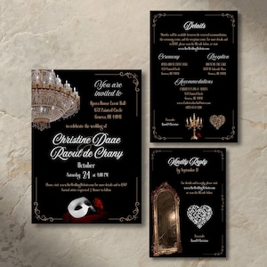 May include: Elegant black wedding invitation suite with gold accents. The main invitation features a chandelier graphic and the names Christine Daae and Raoul de Chany. Includes details, ceremony, reception, and RSVP cards. The text is in white.