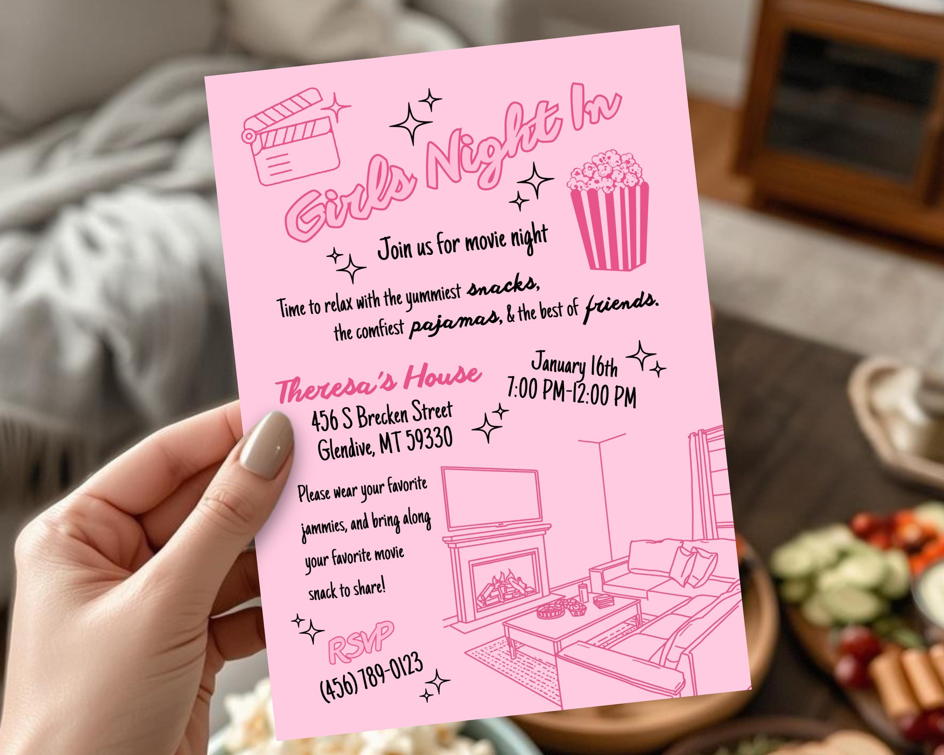 Pink Girls Night in Invitation Cozy Night Watch Party Invite Pink ...