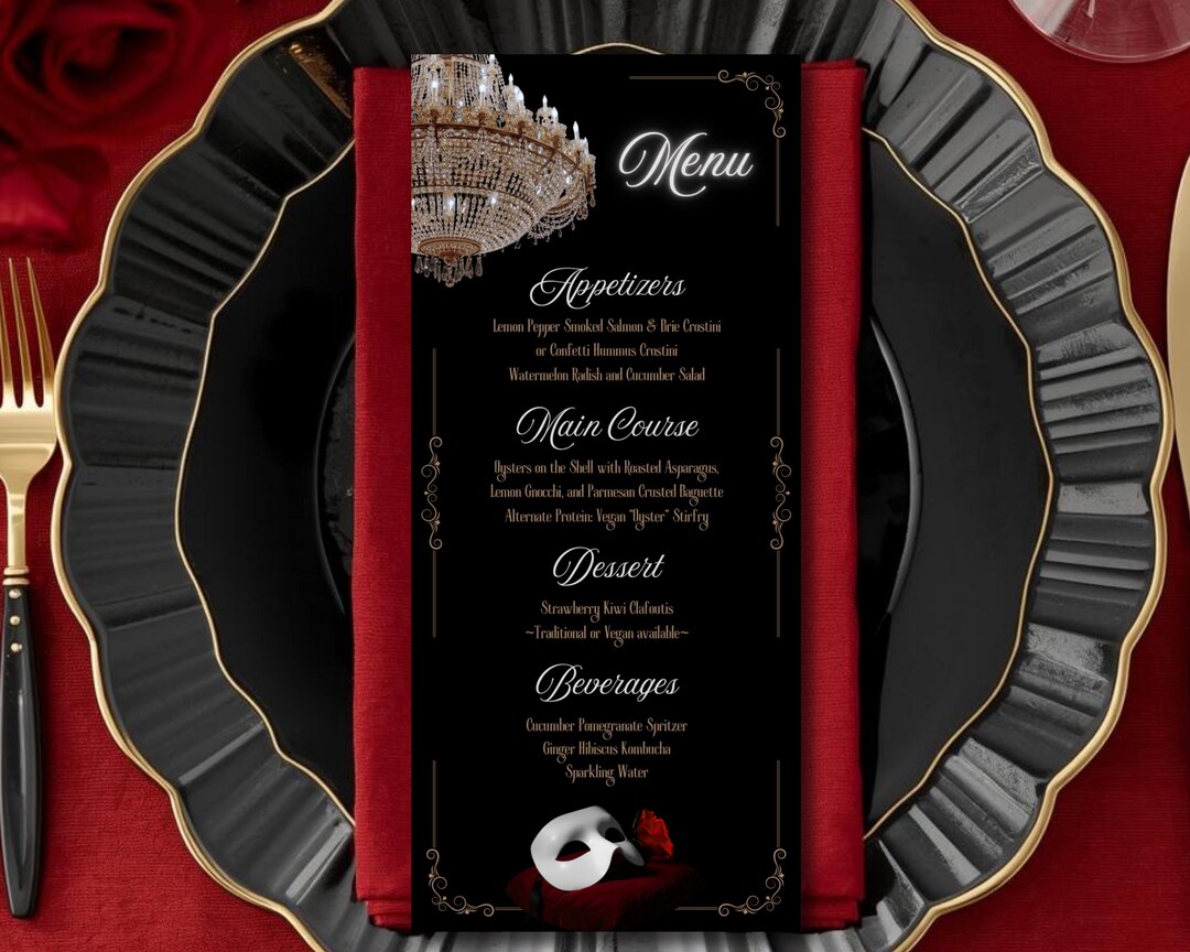 Opera Menu Examples Phantom of the Opera Printable Menu Card Custom Party Menu for Table ...