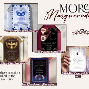 More Masquerade
Five invitations are suggested: a sapphire masquerade birthday invitation, a burgundy and gold masquerade ball invitation, a pastel purple floral masquerade birthday invitation, a brown and gold masquerade party invitation, and a blue and gold birthday masquerade invite. The invitations look upscale and set the tone for an elegant masquerade ball. These selections are linked in the description or can be found at GraciouslyAppointed.etsy.com.