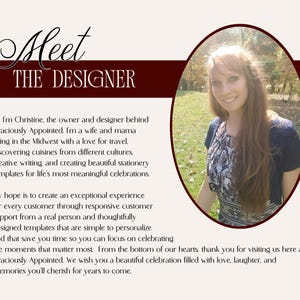 Hi, I'm Christine, the owner & designer behind Graciously Appointed. I'm a wife and mama with a love for travel, discovering cuisines from different cultures, creative writing, & creating beautiful stationery templates for life's most meaningful celebrations. My hope is to create an exceptional experience for every customer through responsive customer support from a real person & thoughtfully designed templates that are simple to edit so you can focus on celebrating the moments that matter most.
