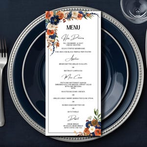 Navy and Orange Wedding Reception Menu Template Customizable Menu Canva Template Printable Floral Dinner Menu Fall Wedding Meal Menu Card
