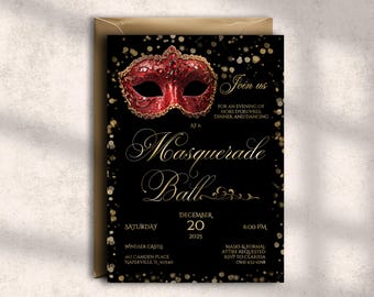 Printable Masquerade Ball Invitation Template Canva Editable Valentine Masquerade Party Invite Black and Red Party Invitation Black and Gold