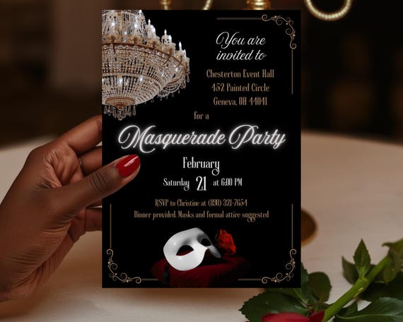 Phantom of the Opera Digital Download Invitation for Opera Masquerade Invite Black Red Masquerade Christmas Party Idea for Black White Party