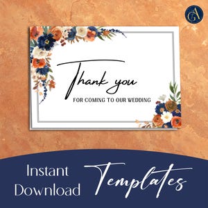 Marine und Orange Hochzeit Dankeskarte Vorlage Sofortiger Download Bearbeitbare Canva Vorlage Druckbare Dankeschön-Karte mit Blumen Herbst Danke