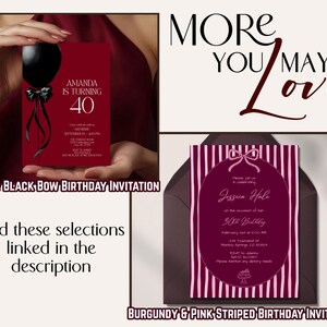 More you may love
Two birthday invitations are suggested: a red and black bow birthday invitation and a burgundy and pink striped birthday invitation. Both invitations look upscale and set the tone for a sophisticated woman's birthday. The selections are linked in the description or can be found at GraciouslyAppointed.etsy.com.