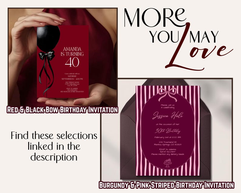 More you may love
Two birthday invitations are suggested: a red and black bow birthday invitation and a burgundy and pink striped birthday invitation. Both invitations look upscale and set the tone for a sophisticated woman's birthday. The selections are linked in the description or can be found at GraciouslyAppointed.etsy.com.