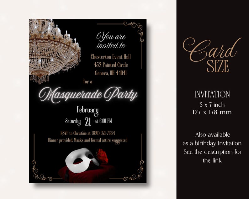 A black masquerade ball invitation card with gold accents, featuring a gold crystal chandelier with the date, time, location, and RSVP details. Card size is 5x7 inches (127x178 mm). A white mask and red rose are at the bottom of the card. The card feels elegant and poised for a Phantom of the Opera themed masquerade ball or for a night at the opera party.