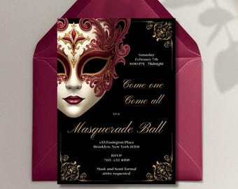 May include: Masquerade Ball invitation with a burgundy envelope. The invitation features a detailed mask design in burgundy, gold, and white against a black background. Text includes event details and RSVP information.
