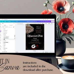 A laptop displays a birthday invitation design with a chandelier illustration and the text "Katherine's Birthday." Red poppies in a black vase and a cup of coffee with latte art are also visible in the background. The words "Edit in Canva" are displayed. There is a free bonus Canva quick guide included in your purchase of this Phantom of the Opera invitation.