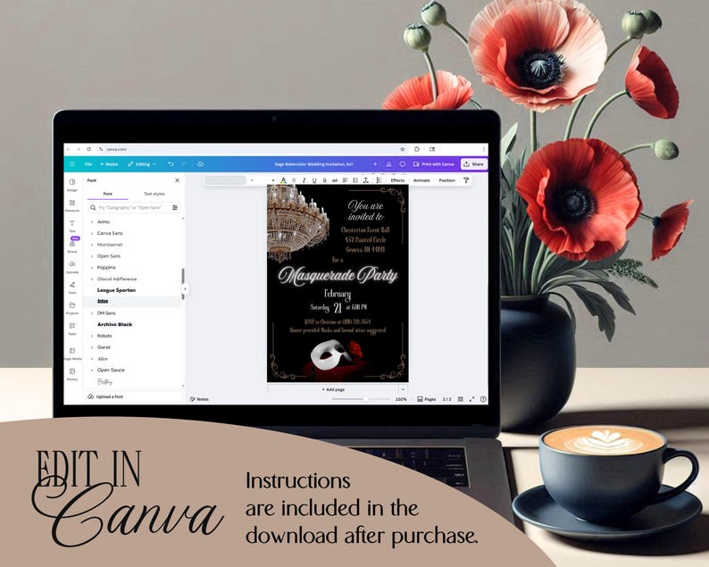 A laptop displays a birthday invitation design with a chandelier illustration and the text "Katherine's Birthday." Red poppies in a black vase and a cup of coffee with latte art are also visible in the background. The words "Edit in Canva" are displayed. There is a free bonus Canva quick guide included in your purchase of this Phantom of the Opera invitation.