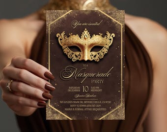 May include: A rectangular invitation card featuring a dark brown background with gold glitter accents and a central ornate gold masquerade mask. The text reads: You are invited to a Masquerade Party, Saturday December 10, 5:00 PM - Midnight, Jameson Residence, 367 Golden Mask Dr, Beverly Hills, CA 90210, RSVP to Emma (876) 543-2109, Masks & Formal Attire Requested.