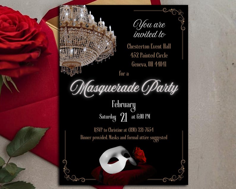 Vertical 5x7 inch Phantom of the Opera masquerade ball invitation. The black & gold invitation features a gorgeous crystal chandelier in the top left corner, a white masquerade mask & a red rose centered at the bottom, delicate gold framing features, a black background, & elegant gold serif text, some white serif text, & white script text. Editable details include name, date, time, address, & RSVP. The design feels luxurious with a dark elegance. Edit in Canva. Also great for dark academia theme