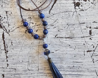 Long Pendant Necklace Blue Leather Necklace Semi Precious Beads Necklace Jewelry Blue Tassel Leather Necklace Boho Leather Necklace Jewelery