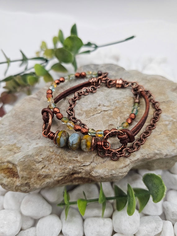 Leather Bracelet Czech Glass Orange Blue Beads Bracelet Charm Bracelet Boho  Leather Bracelet Boho Style Jewelry Vintage Bracelet Jewellery