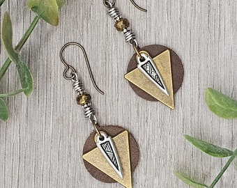 Leather Earrings Brass and Pewter Earrings Mixed Metal Earrings Boho Leather Earrings Dangle Earrings Drop Earrings Brass Earrings Jewellery