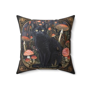 Mystical Black Cat & Enchanted Mushroom Forest Pillow - Whimsical Home Decor for Cat Enthusiasts - Gift for Cat Lovers - Boho Mystique