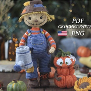 Crochet Halloween Scarecrow and Pumpkin PDF in Eng Halloween funny scarecrow with removable clothes Crochet pumpkin amigurumi tutorial