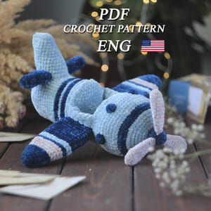 Crochet toy plush airplane pdf in English Boy's nursery decor crochet plush airplane amigurumi Blue plush airplane decor for children's room