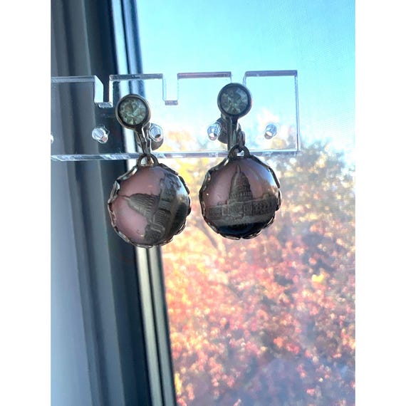 Vintage Dangle Earrings Capital Building Screw-back Pink Background US Congress View 4